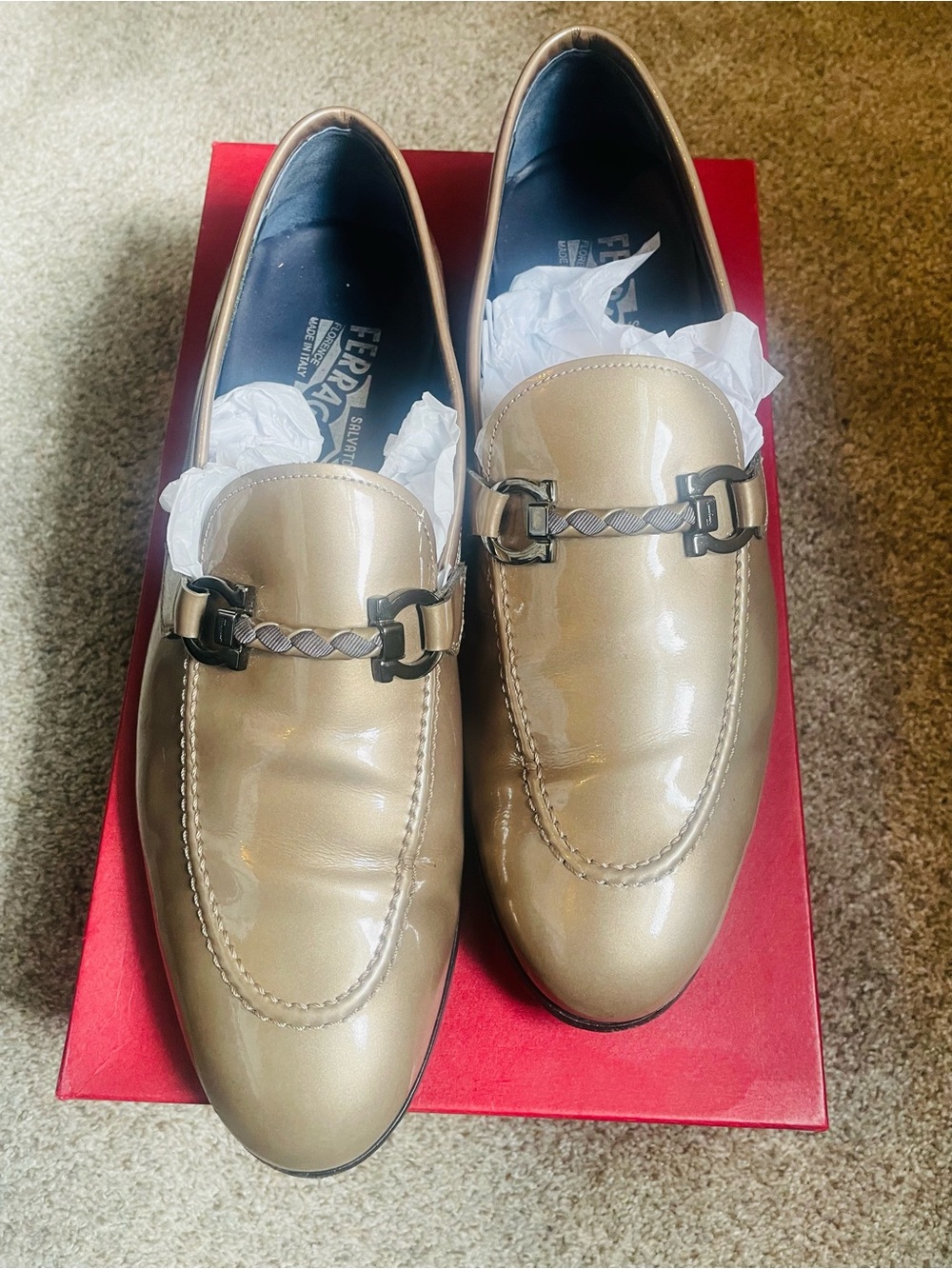 Salvatore Ferragamo Men’s Patent Tan Loafers with Metal Bit